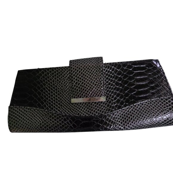 Faux Leather Croc Embossed Clutch Kiss Lock Silver Hardware 10.5"x5" - Picture 2 of 7